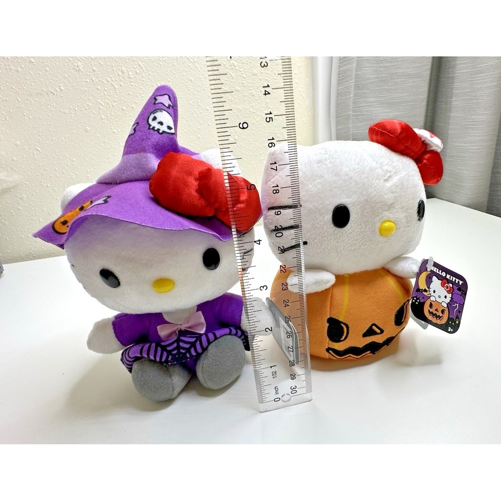 Sanrio Hello Kitty Halloween Witch Jack O Lantern Pumpkin Plush Set 2 Tags - Picture 2 of 11